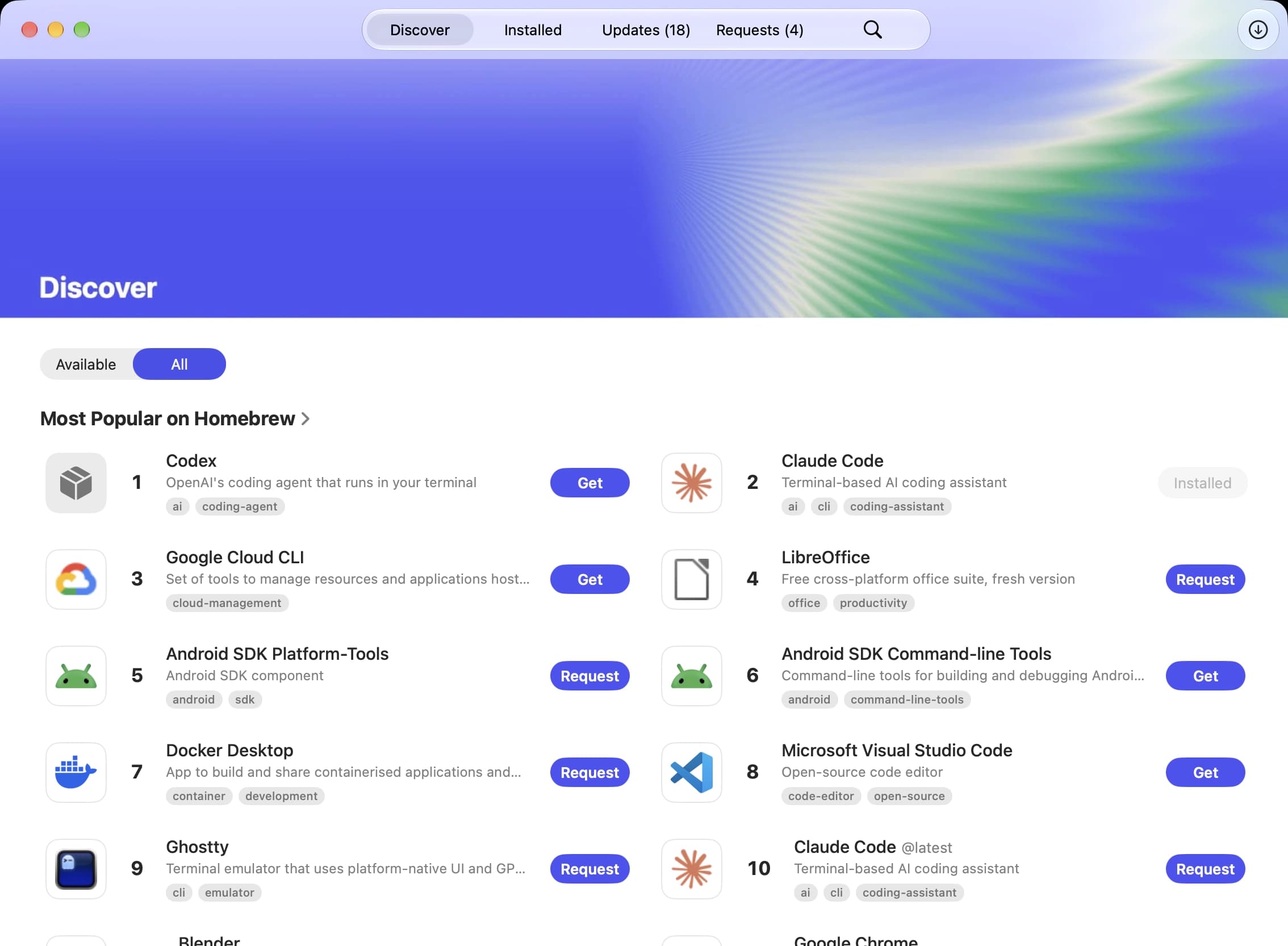 The Workbrew app's Discover view, listing software with Get buttons