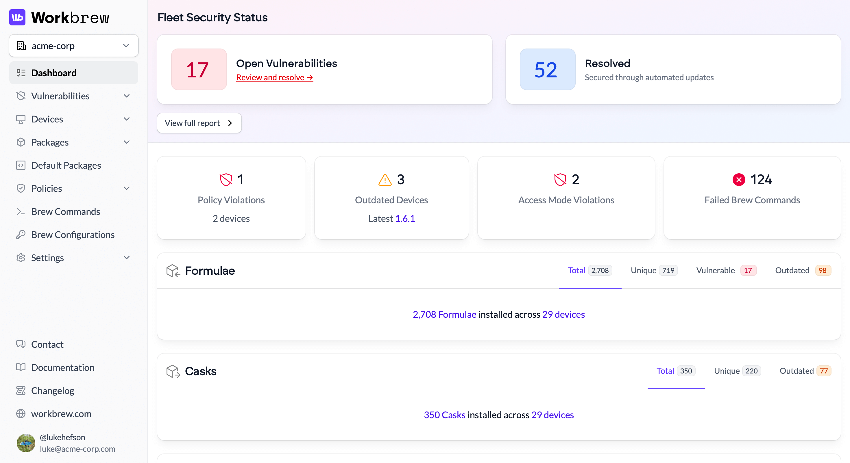 A screenshot of the Workbrew Console UI