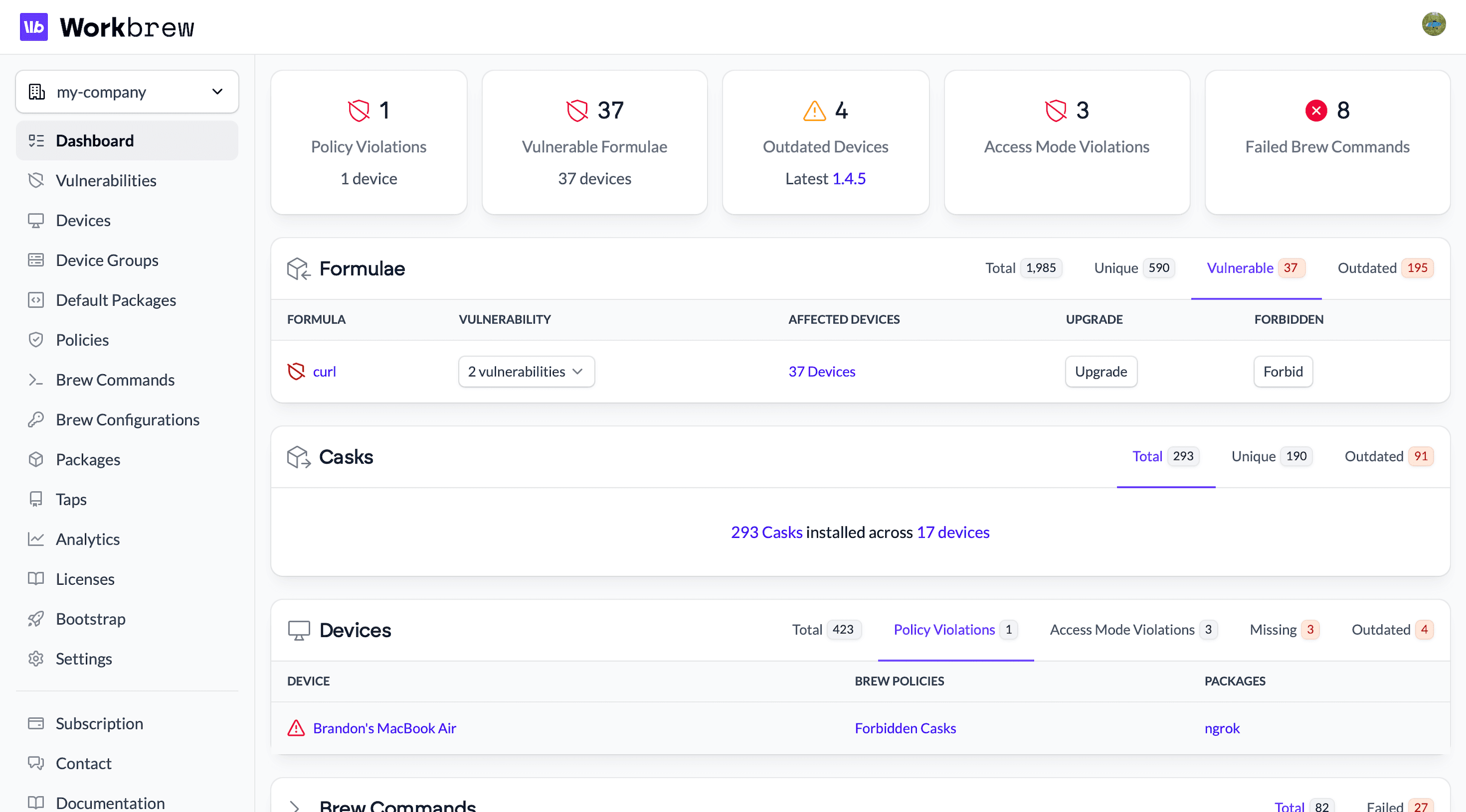 A screenshot of the Workbrew Console UI