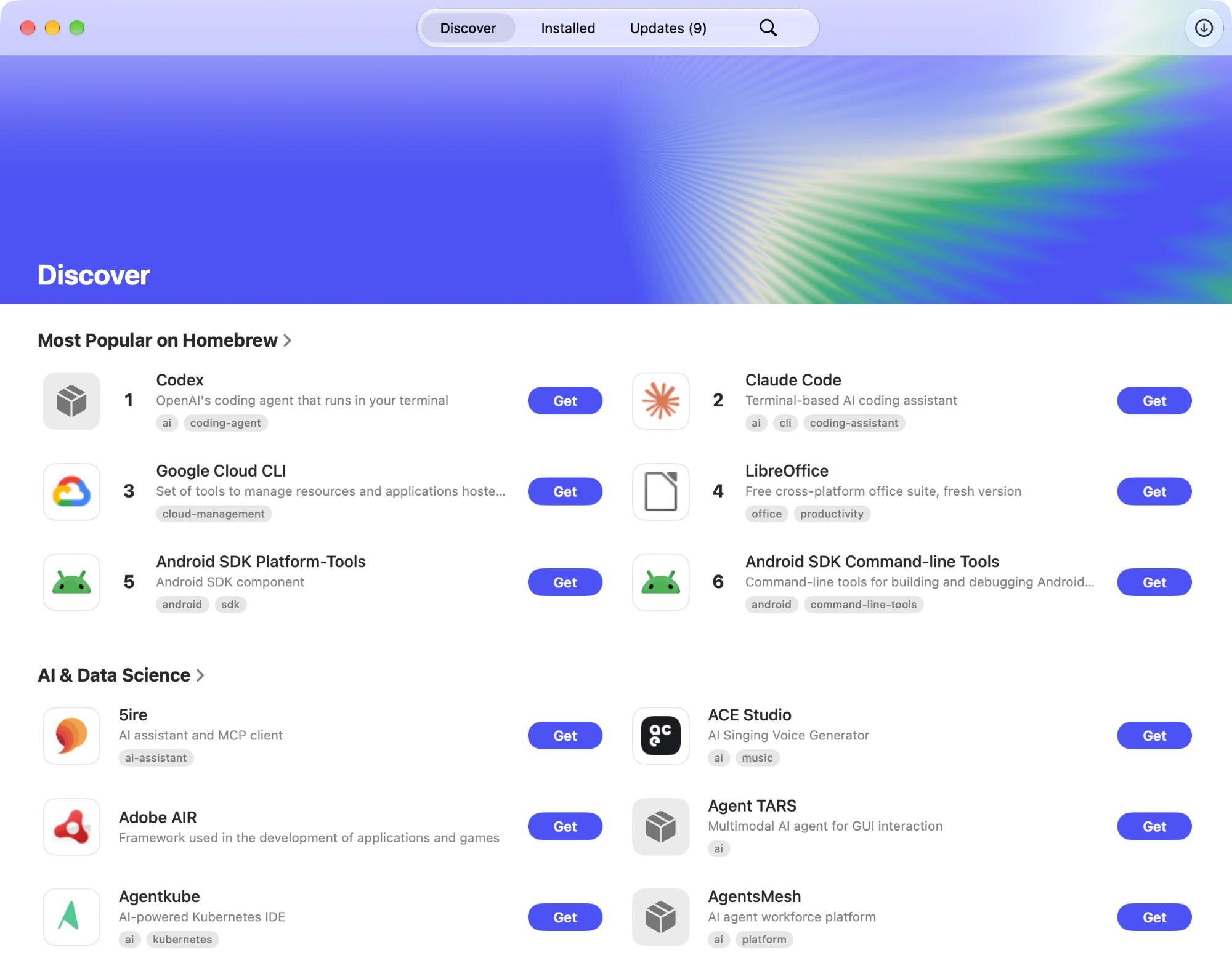 The Workbrew app's Discover tab, showing popular Homebrew packages