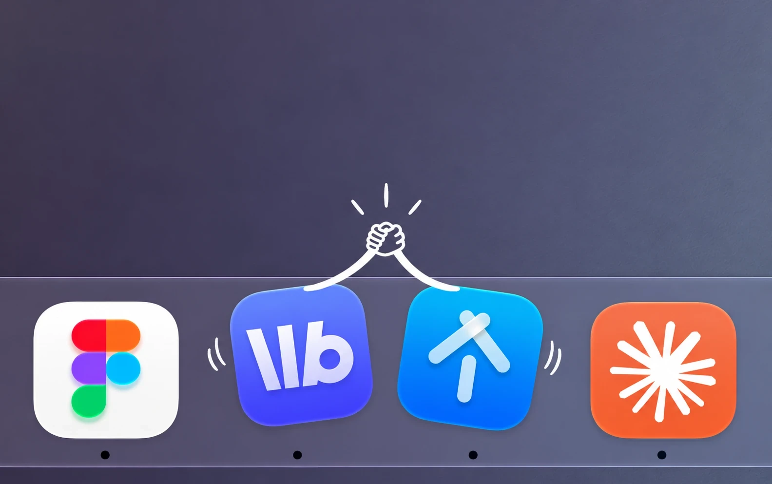 The Workbrew and Updatest app icons side by side in the macOS Dock, leaning toward each other, with sketched arms reaching out of them and clasping hands